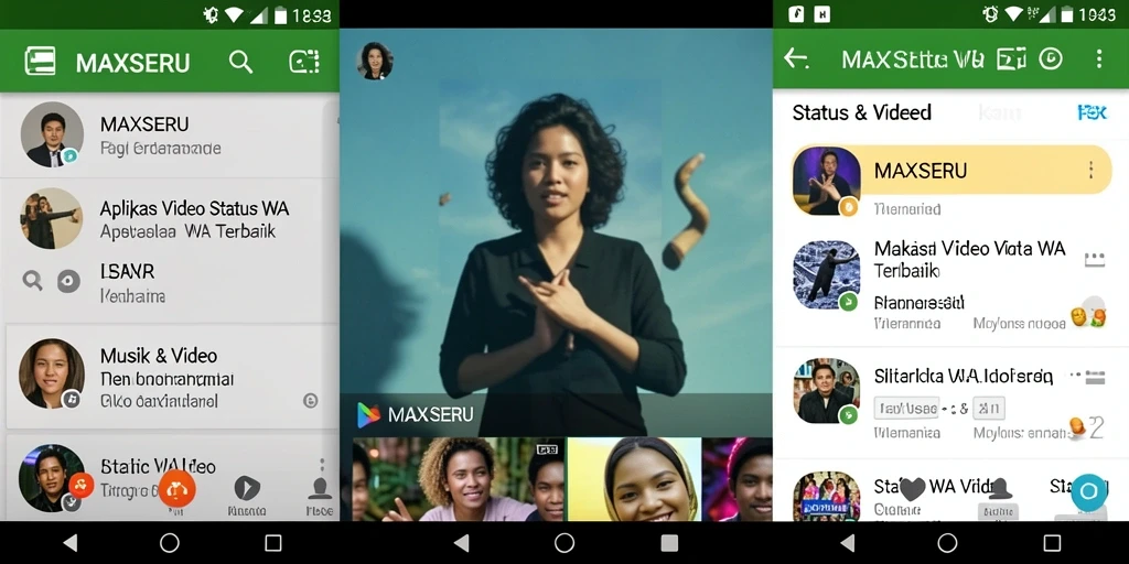 Tampilan antarmuka aplikasi MAXSERU untuk video Status WA yang menarik.
