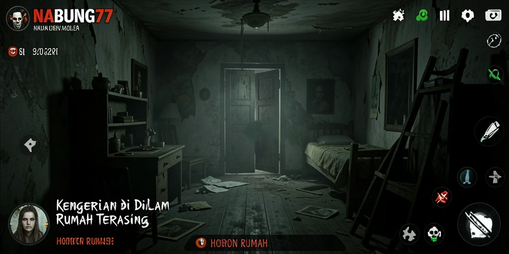 Tampilan antarmuka mencekam dengan suasana rumah angker.