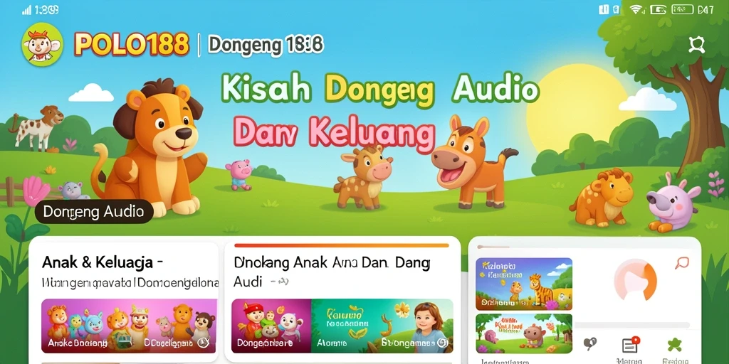 Tampilan antarmuka aplikasi POLO188 dengan pilihan dongeng audio.